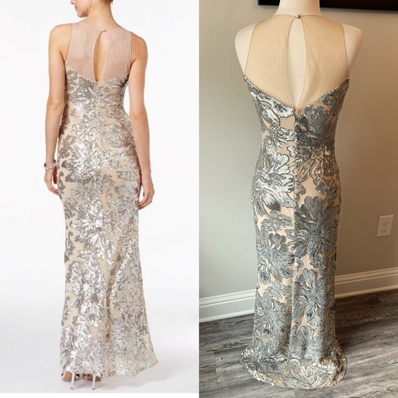 NWT Badgley Mischka Silver and Cream Formal Dress - Picture 2 of 16